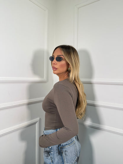 Shirt in cotone scollo a V taupe 5529