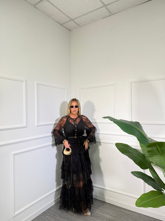 Abito in pizzo con cintura Shirley nero a68763