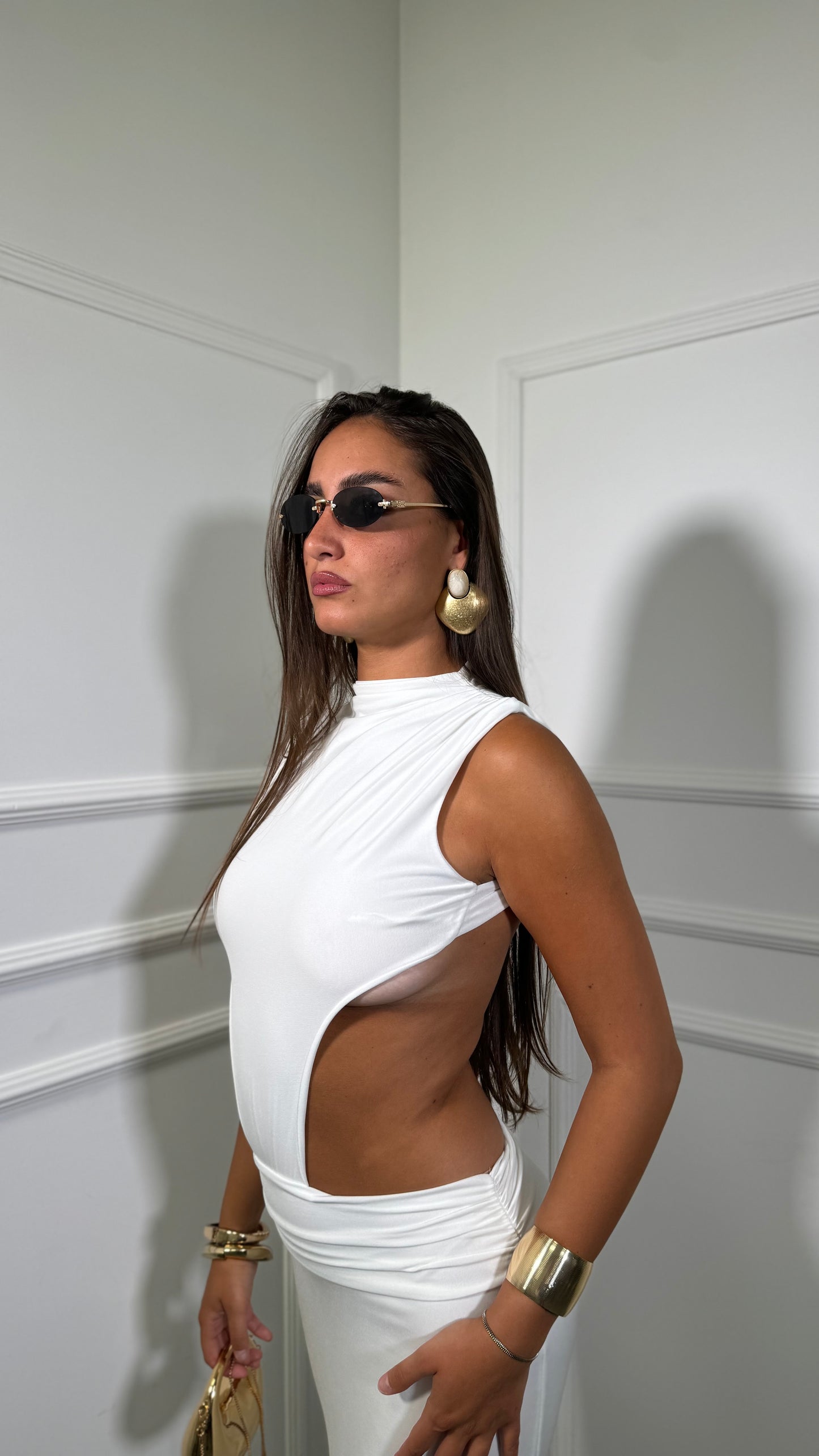Abito lungo in lycra cut out Malesia bianco 2529