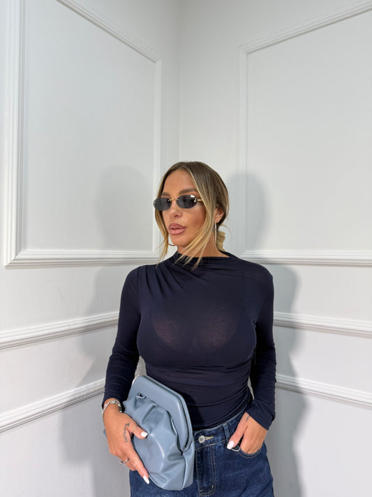 Shirt semi velata mezzo collo con drappeggi blu notte 5486