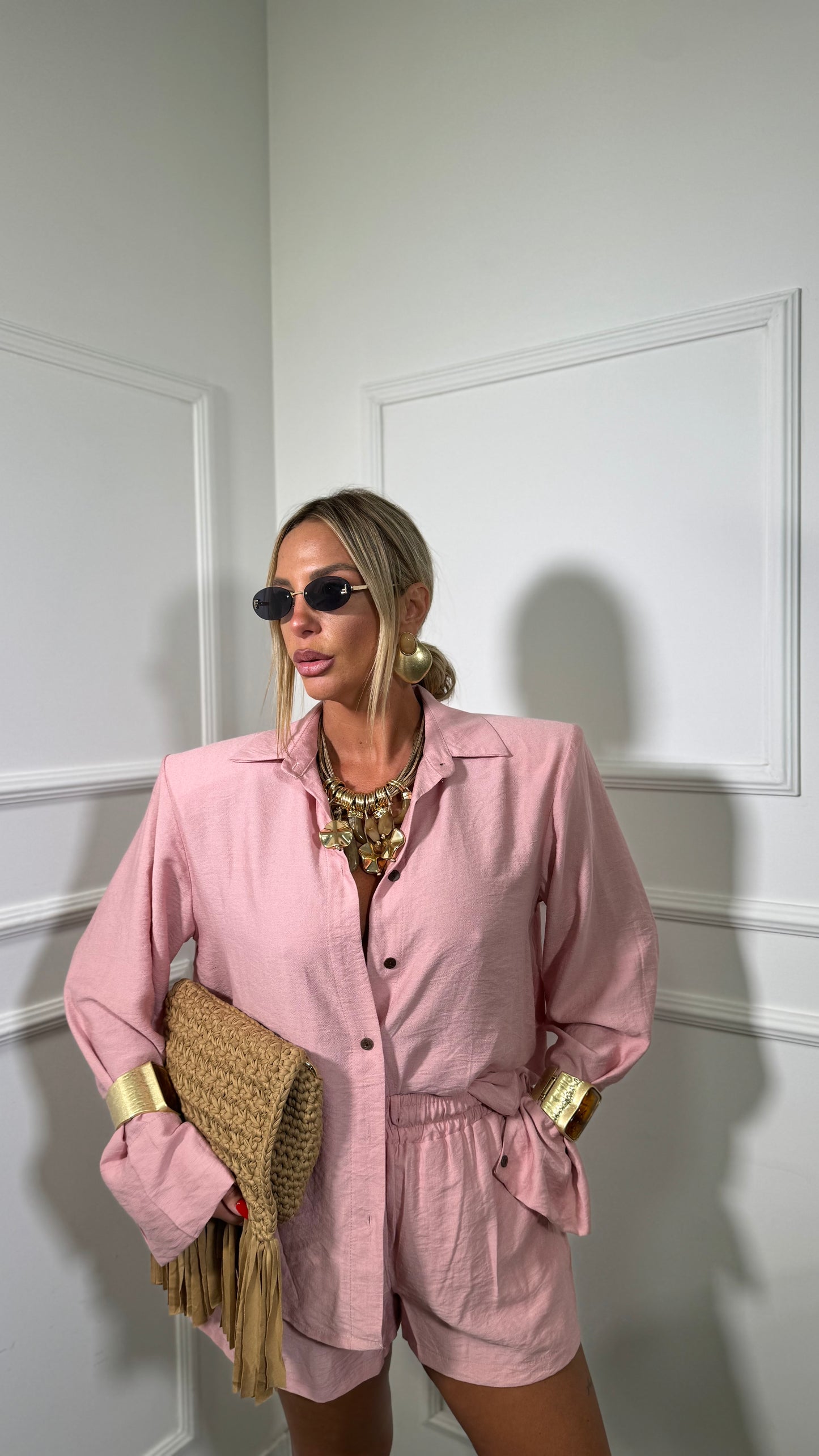 Coordinato misto lino con spalline Sirenuse rosa 7105