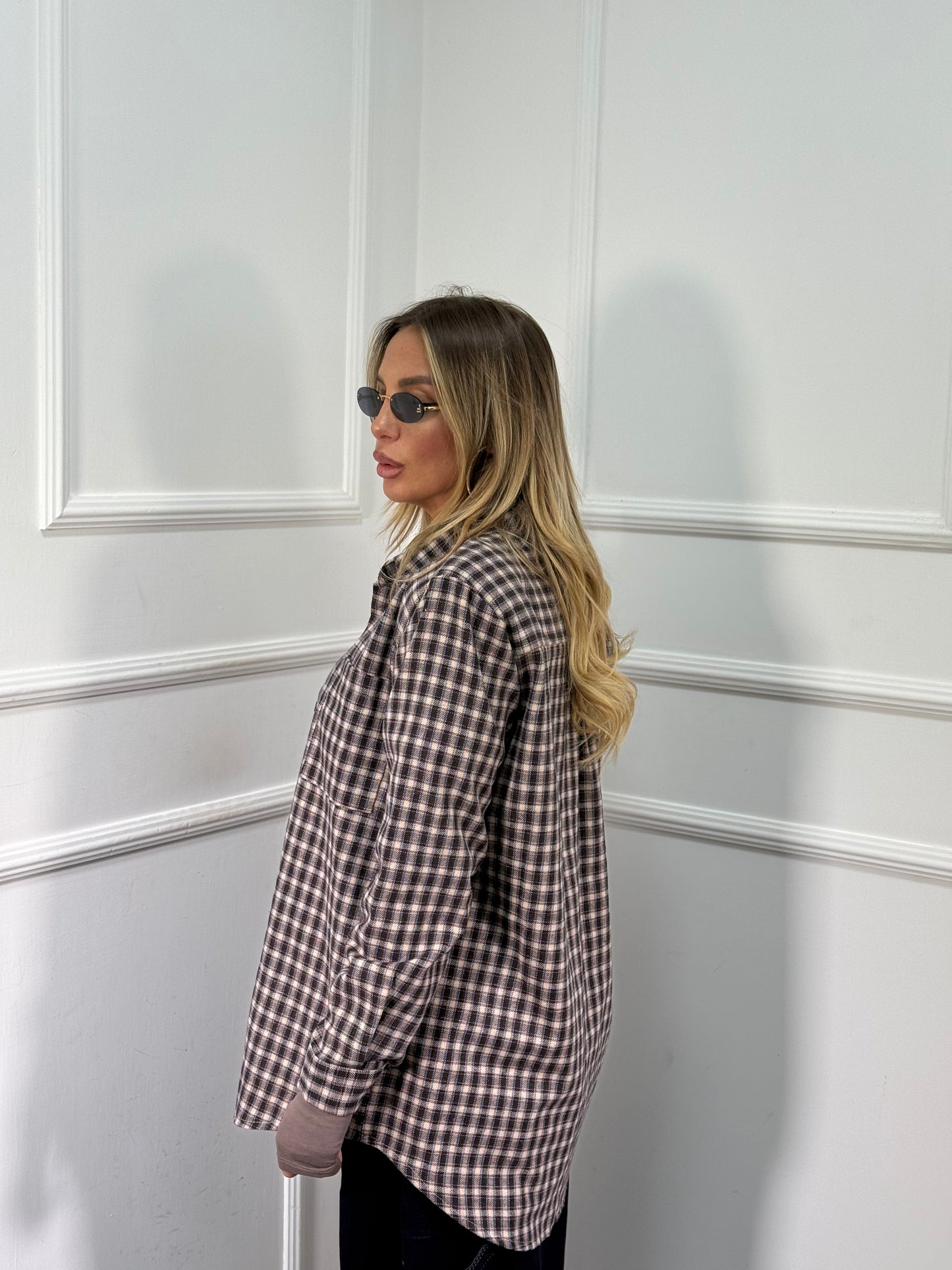 Camicia oversize in flanella con spalline Marshal cacao/azzurra 25762