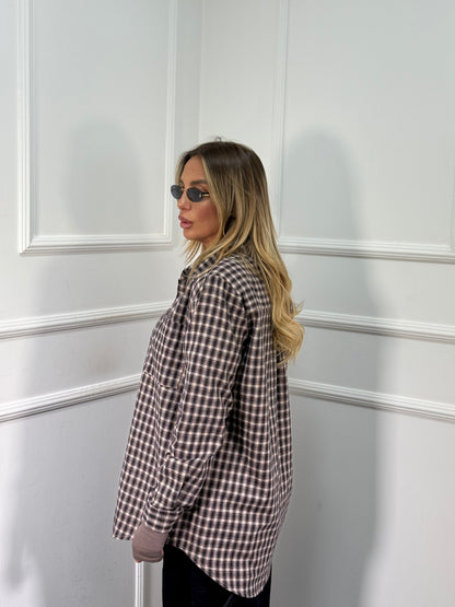 Camicia oversize in flanella con spalline Marshal cacao/azzurra 25762