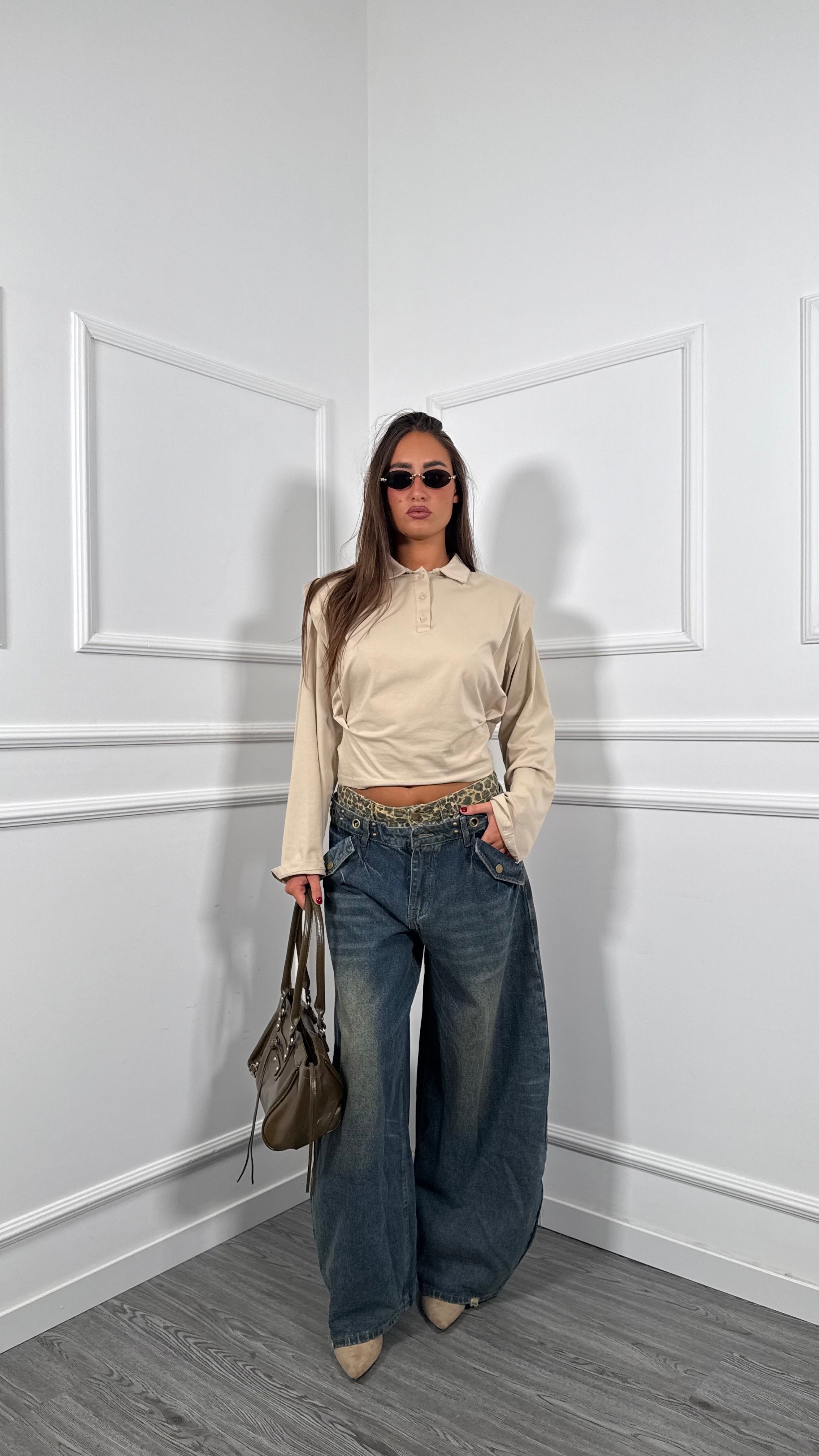 Jeans palazzo balloon con doppio bustino maculato 91122