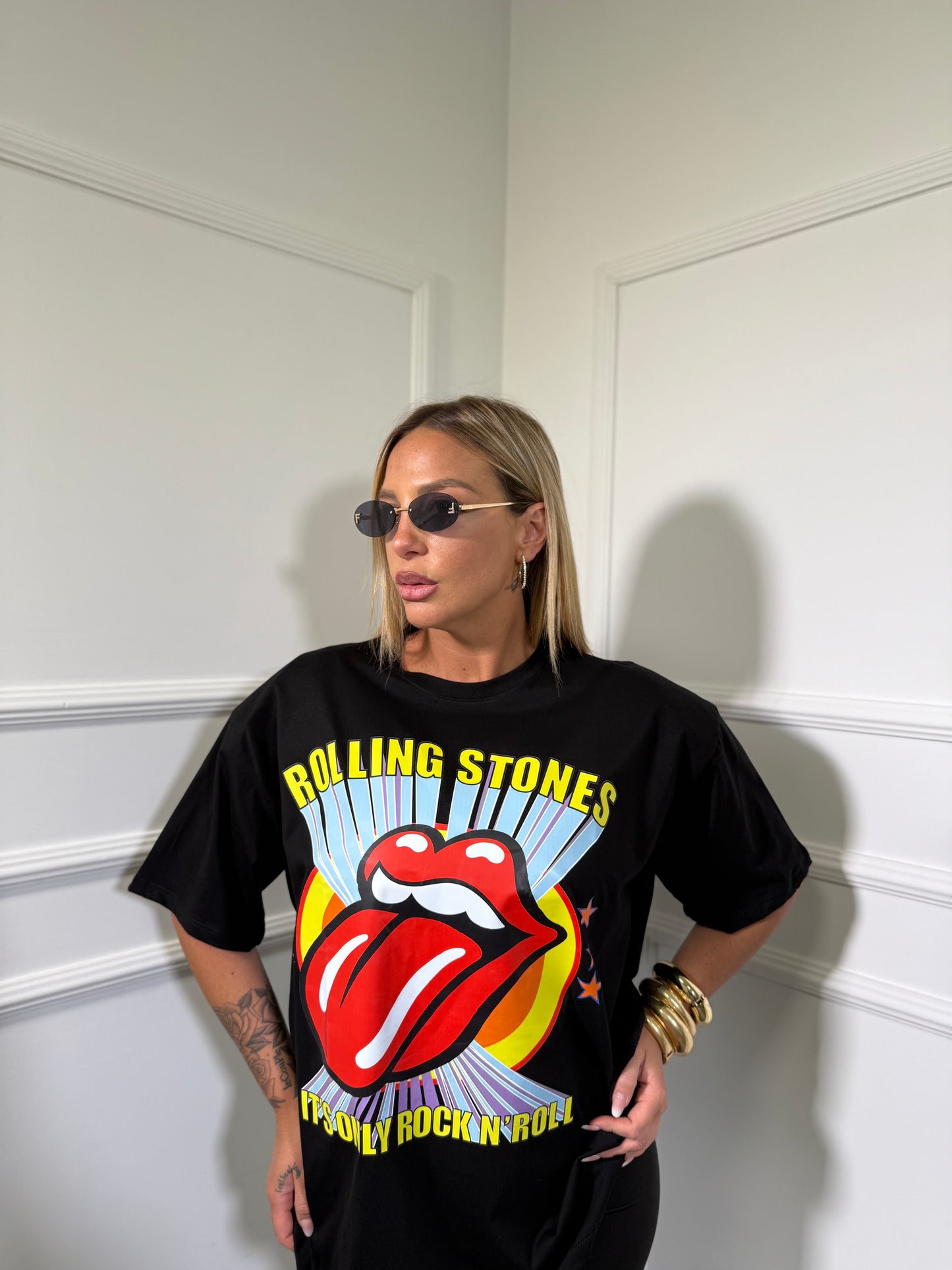 Maxi t-shirt con spalline Rolling Stones nera