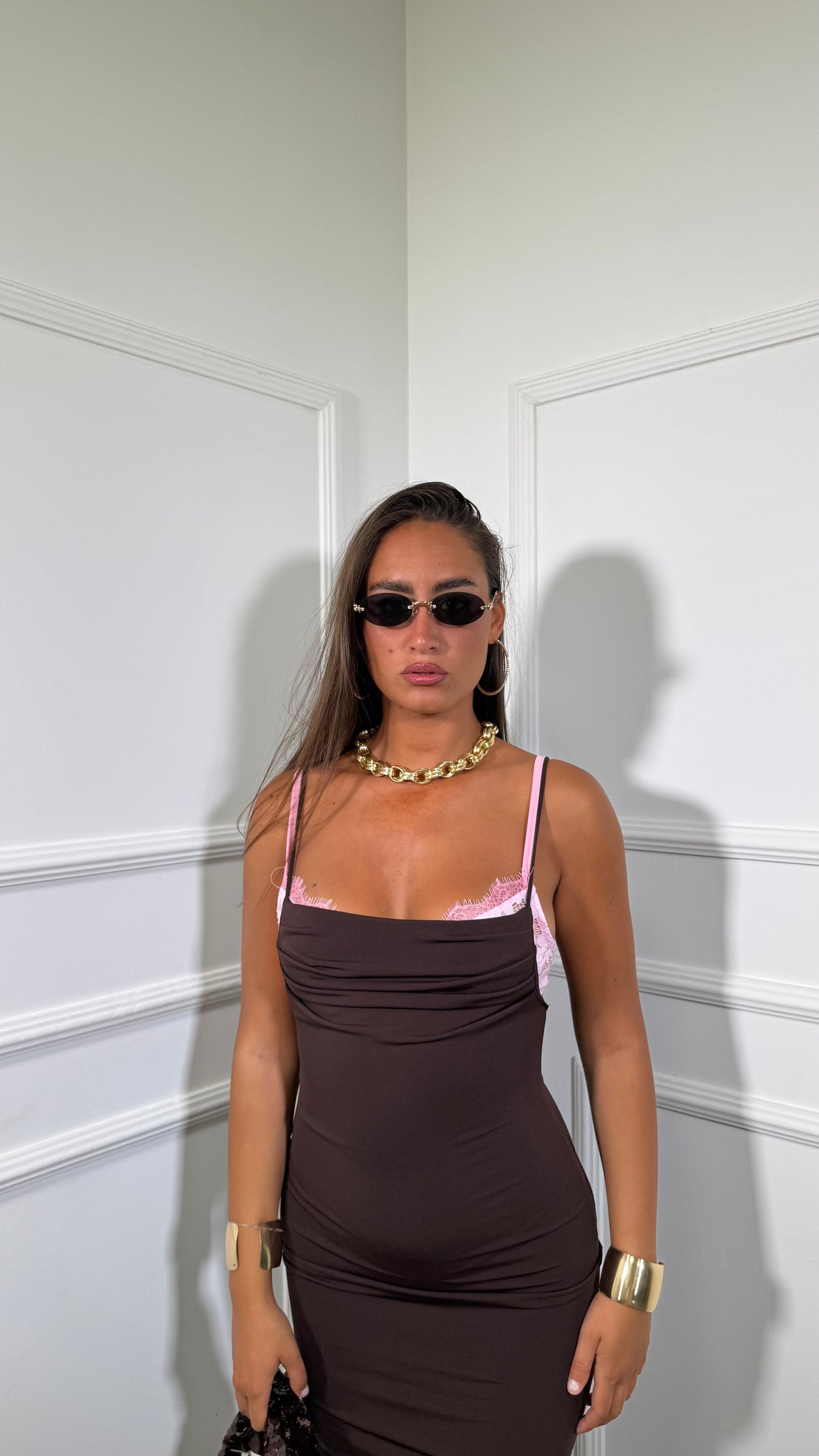 Abito lungo in lycra con bralette in pizzo cioccolato 6073