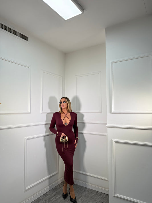 Abito midi in lycra con spalline Abraxas bordeaux 14483