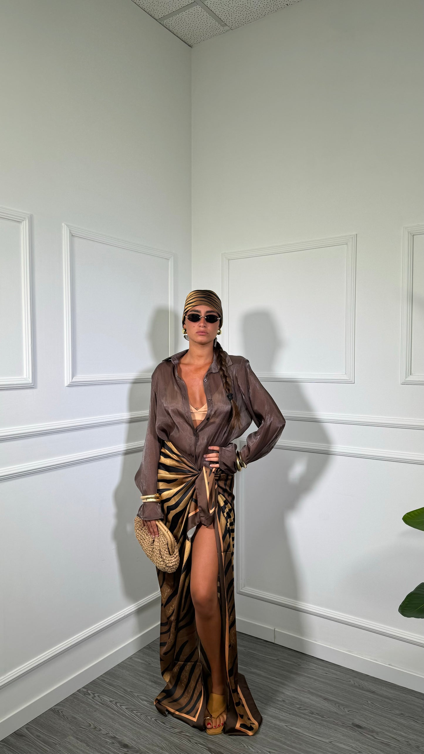 Pareo + bandana in satin animalier Mahé marrone 37271