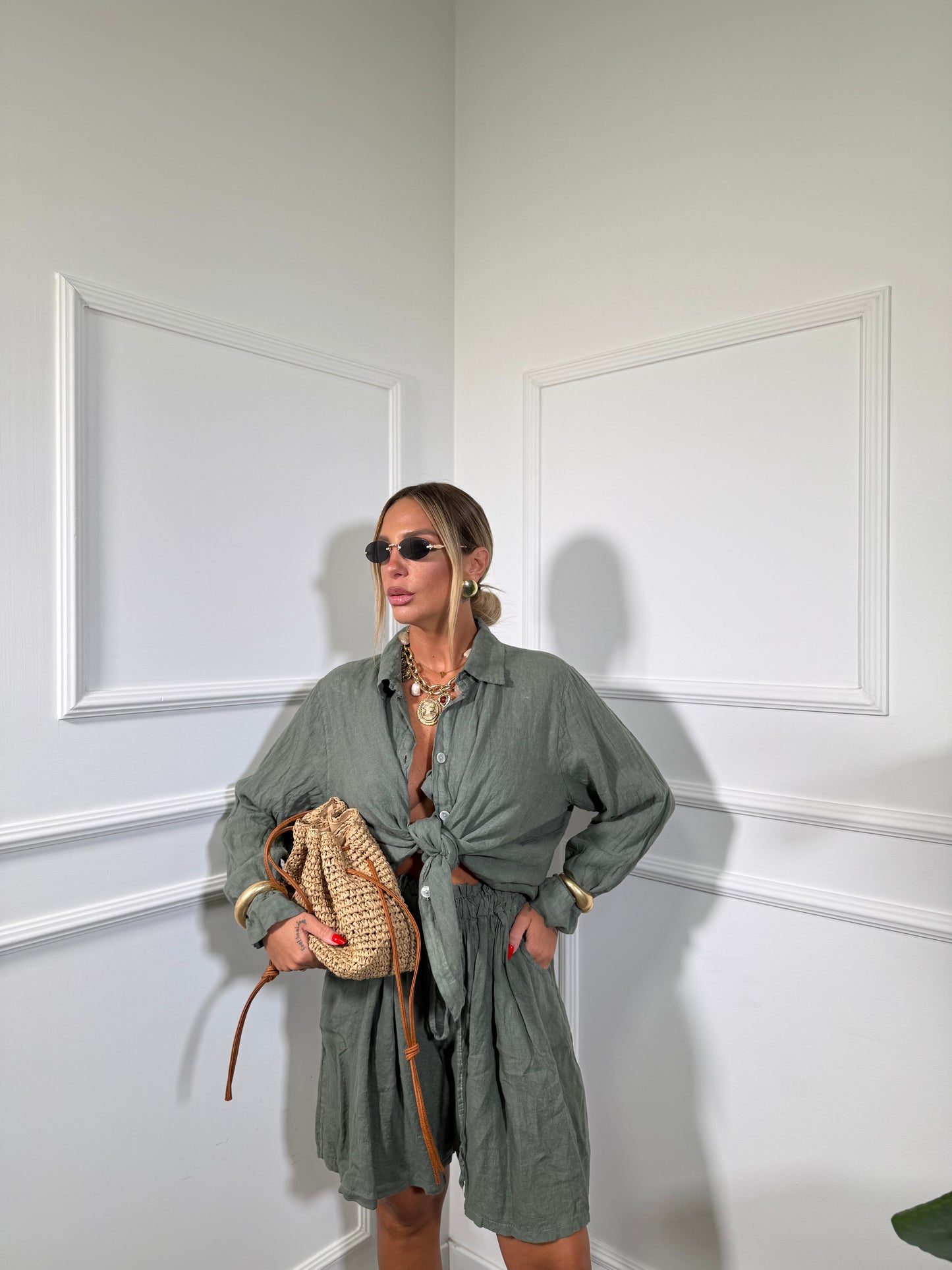 Coordinato 100% lino con bermuda Kozumel (curvy) verde militare 25256