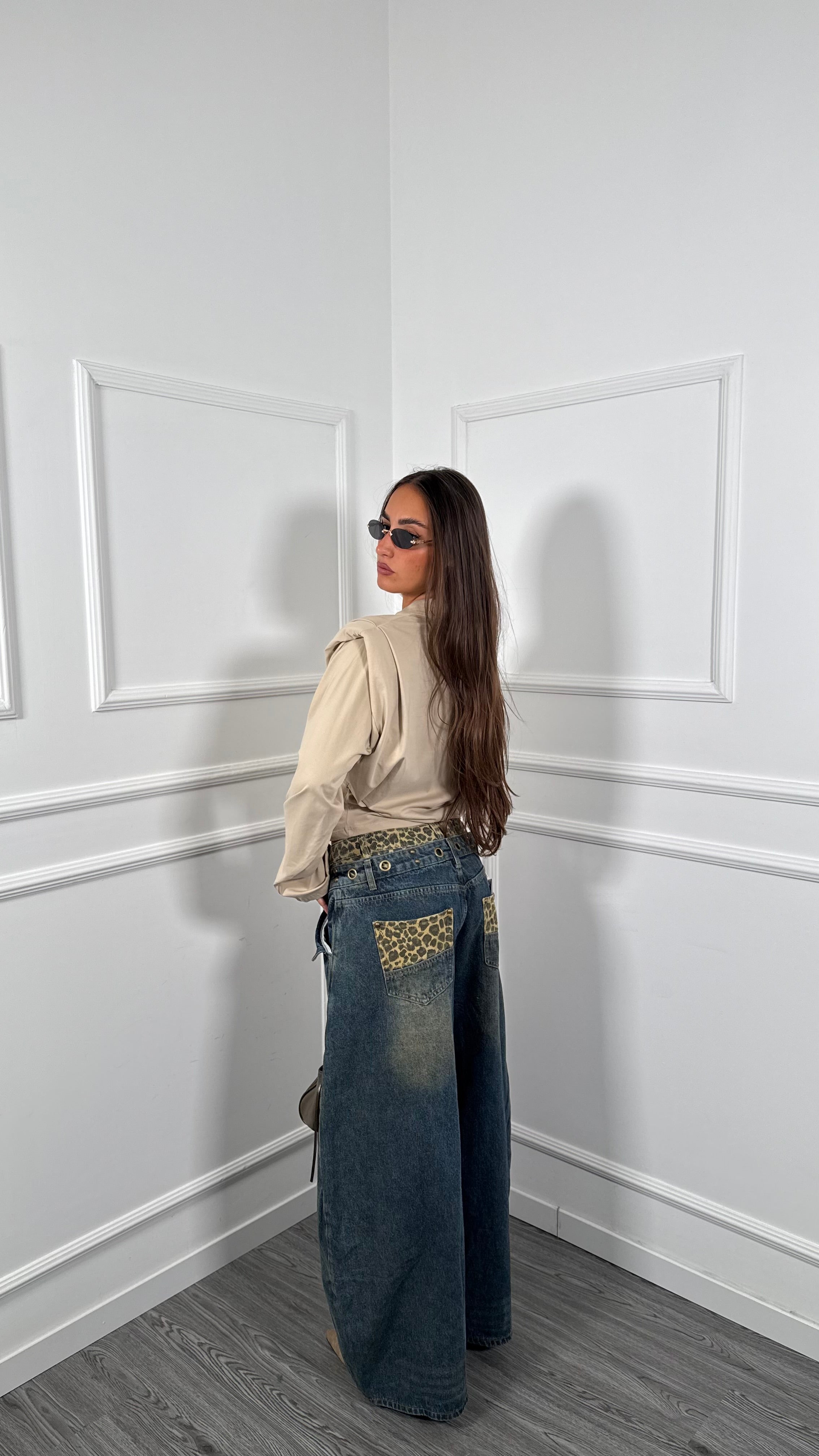 Jeans palazzo balloon con doppio bustino maculato 91122