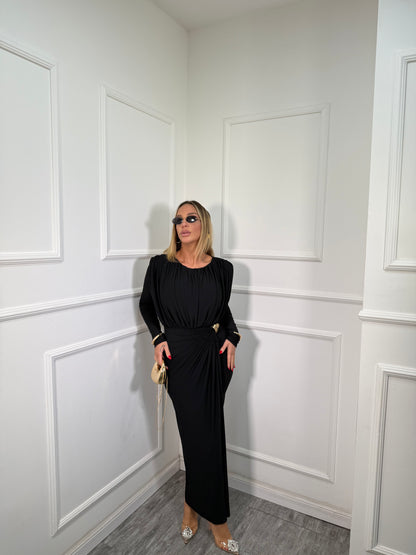 Abito midi drappeggiato con nodo Megan nero 4300