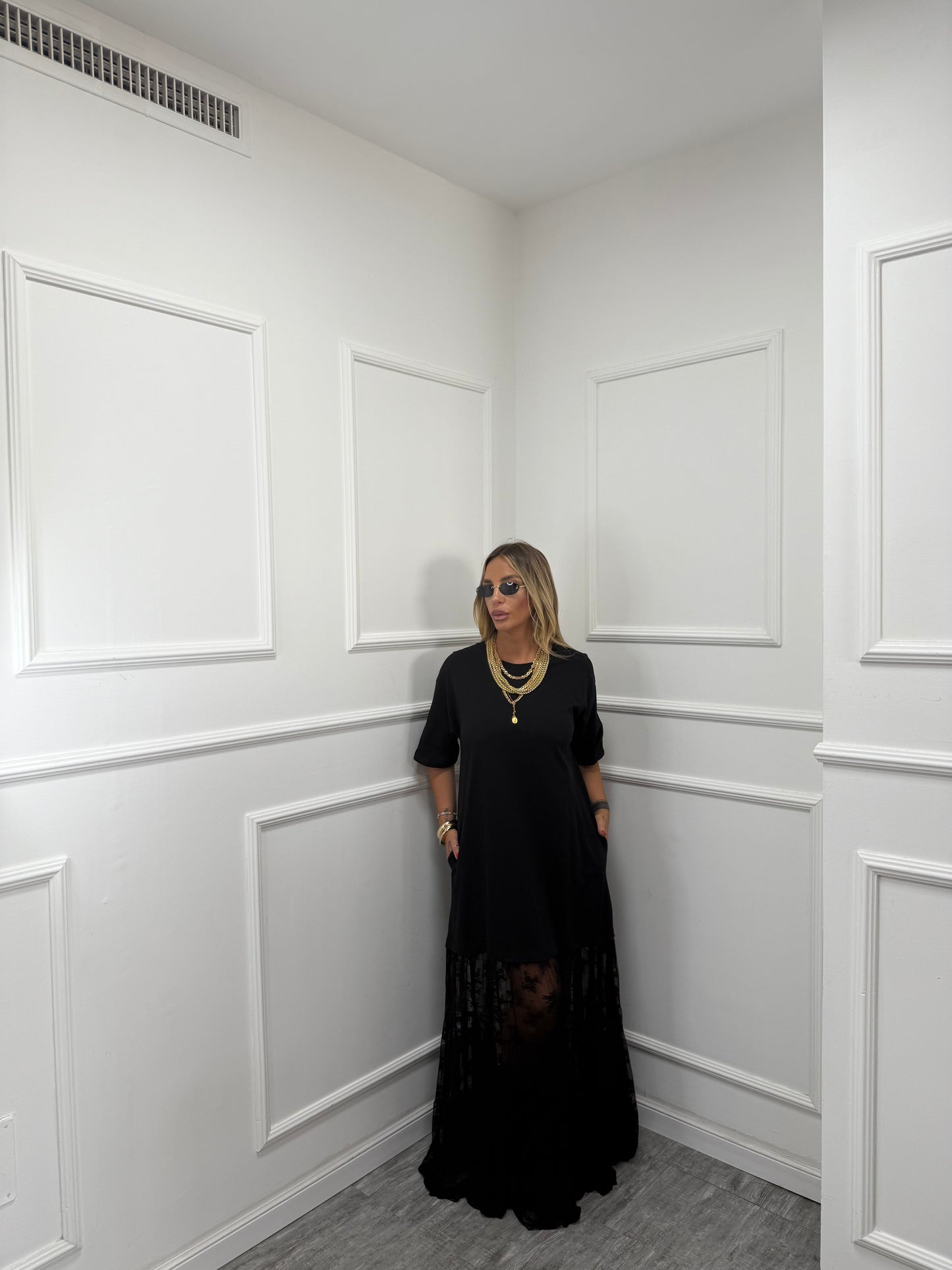 Maxi abito in pizzo Dakota nero ld3443 by lumina