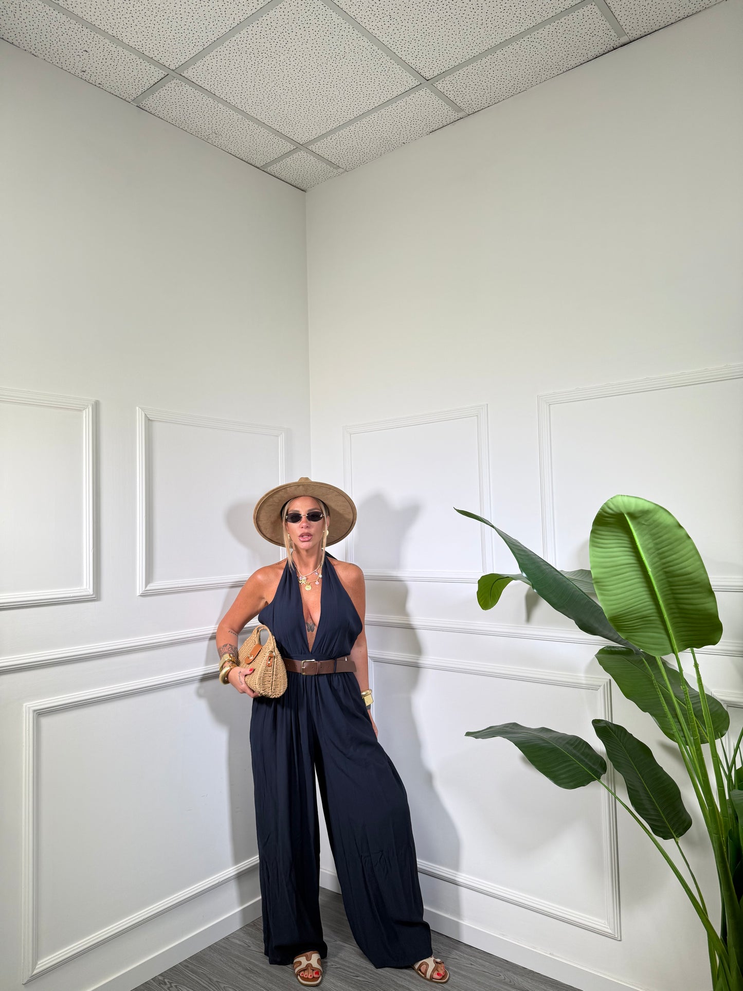 Jumpsuit palazzo in viscosa con cintura Mara blu 58199