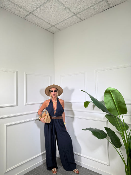 Jumpsuit palazzo in viscosa con cintura Mara blu 58199