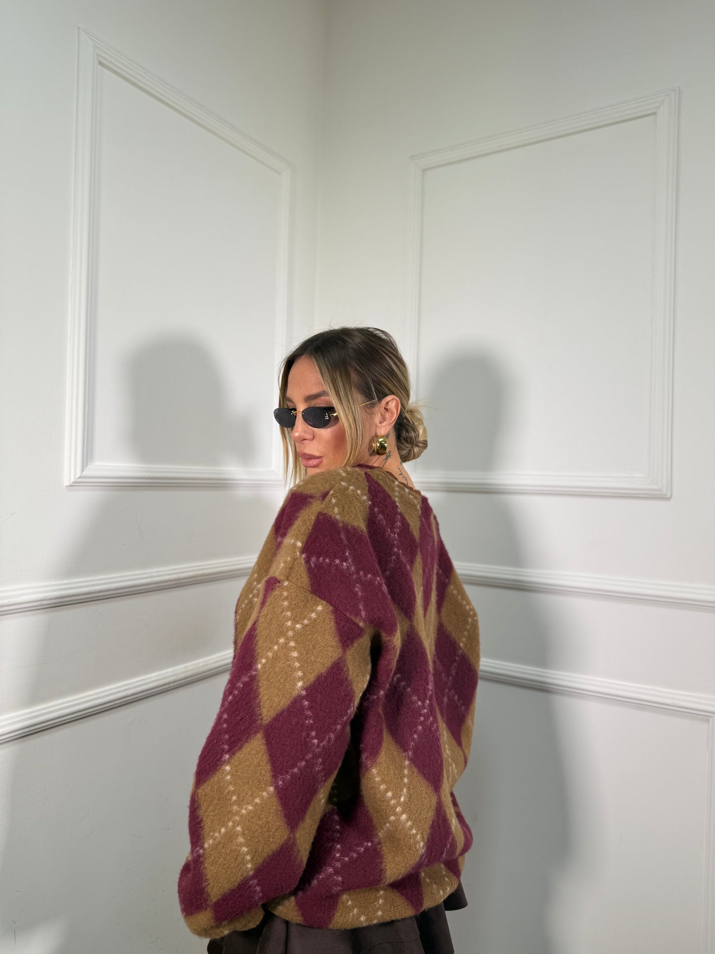 Maxipullover con spalline lana cotta con spalline Nora camel/bordeaux m303971