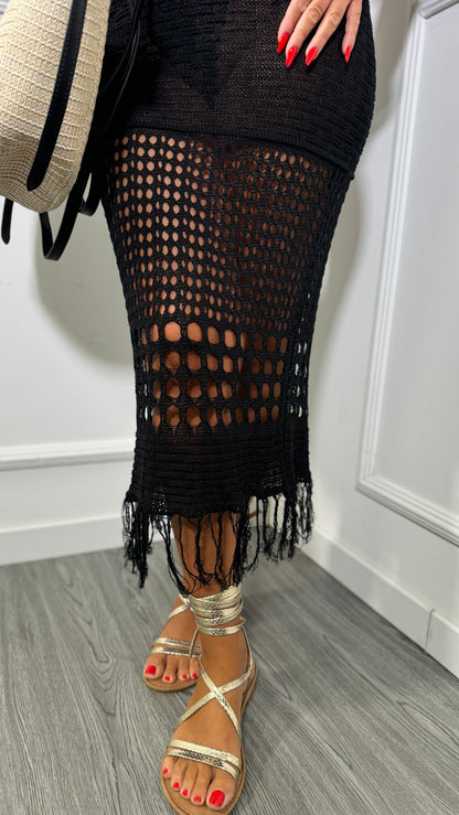 Abito midi in macramè con frange Kyra nero 4352