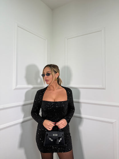 Abito scollo quadrato in micro paillettes Shayla nero 13442