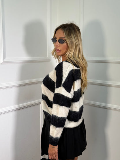 Maglioncino scollo a V in lana cotta Soft bianco/nero 3055