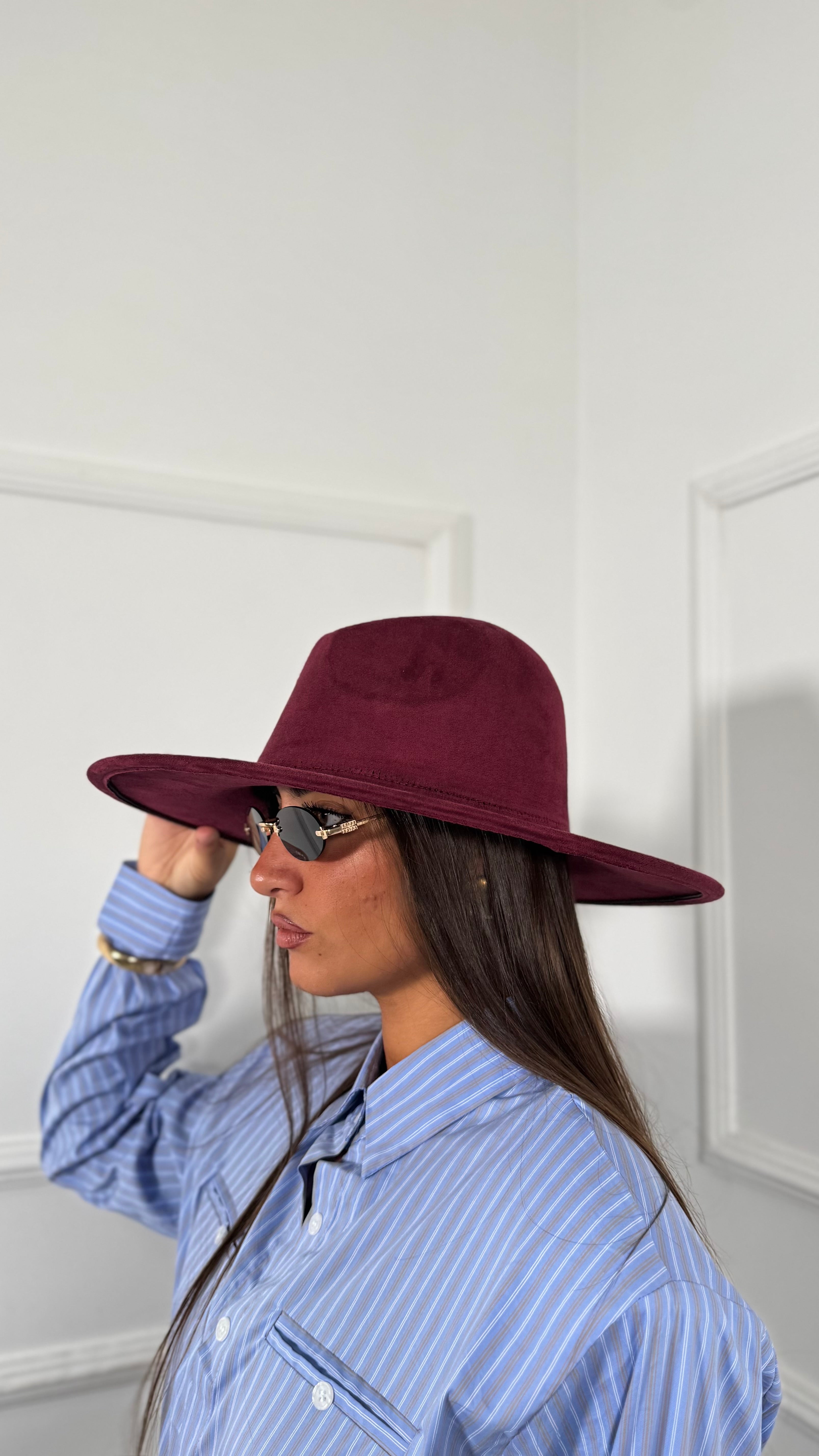 Cappello eco camoscio falda larga bordeaux