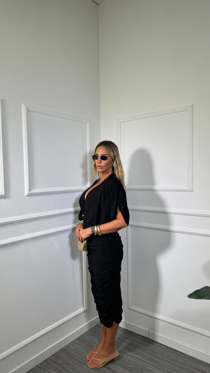 Abito midi drappeggiato (curvy) nero