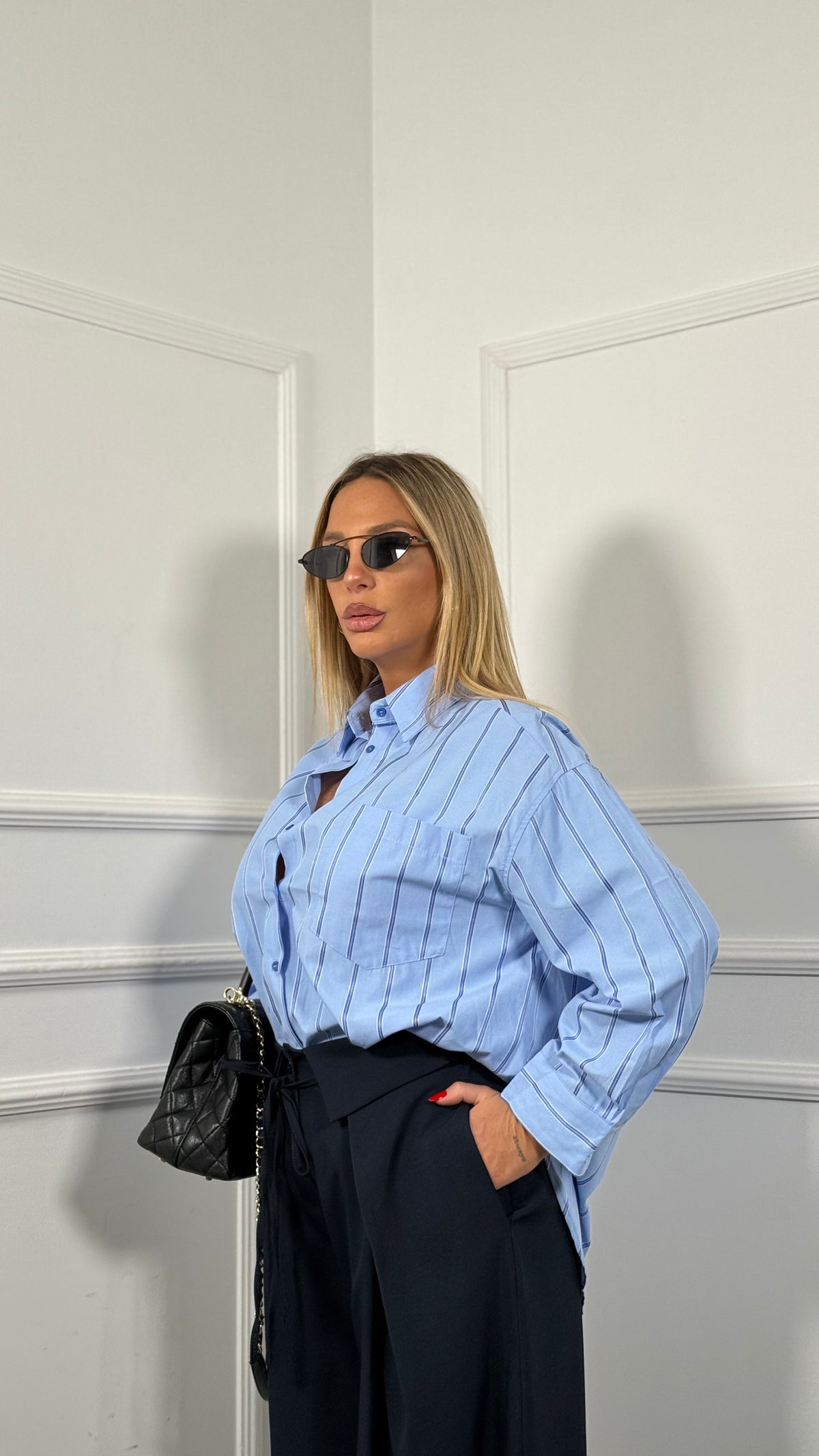 Camicia in cotone a righe con taschino Nelsy azzurra