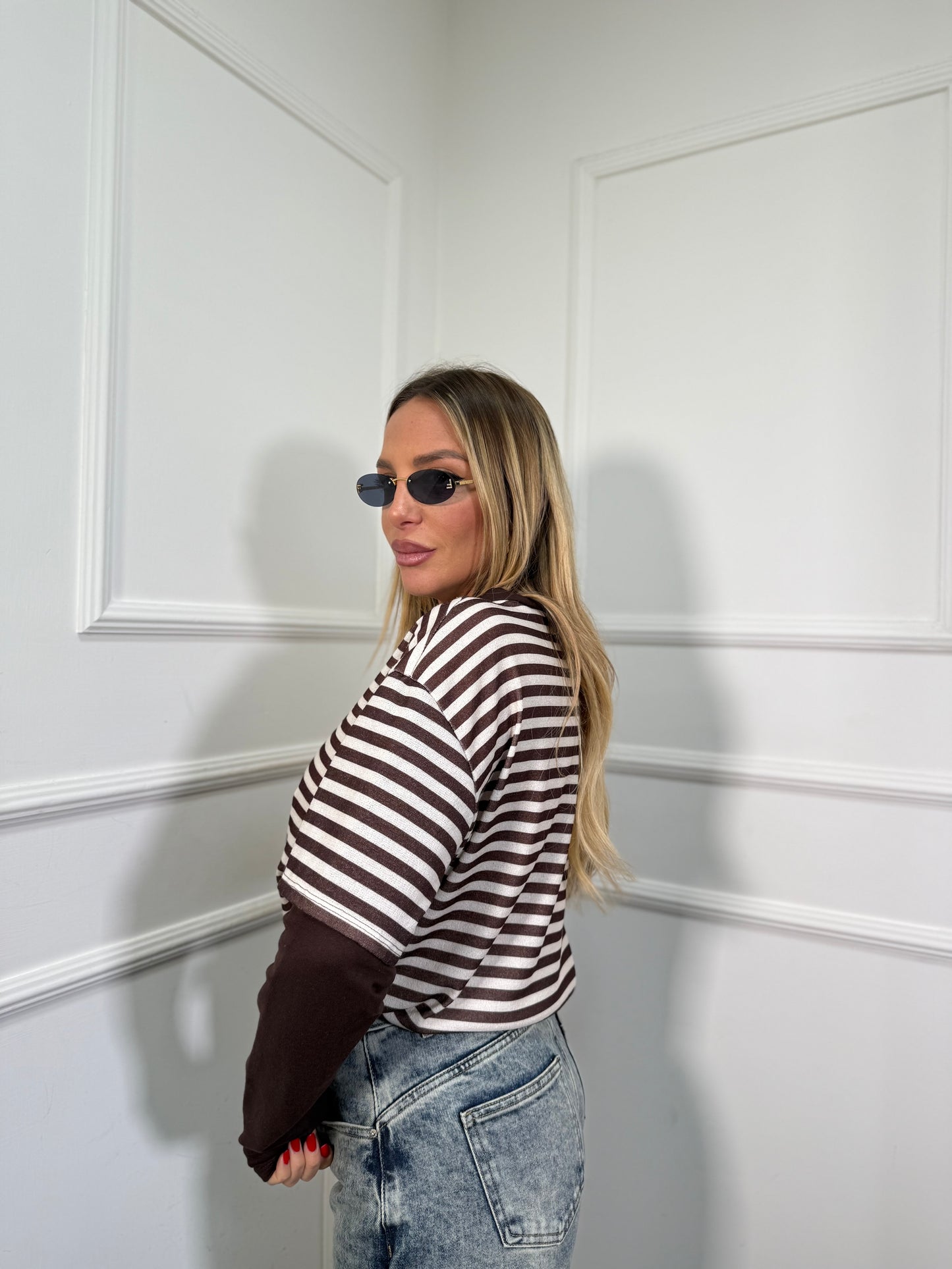 Shirt a righe con doppia manica Camy panna/cacao 3626