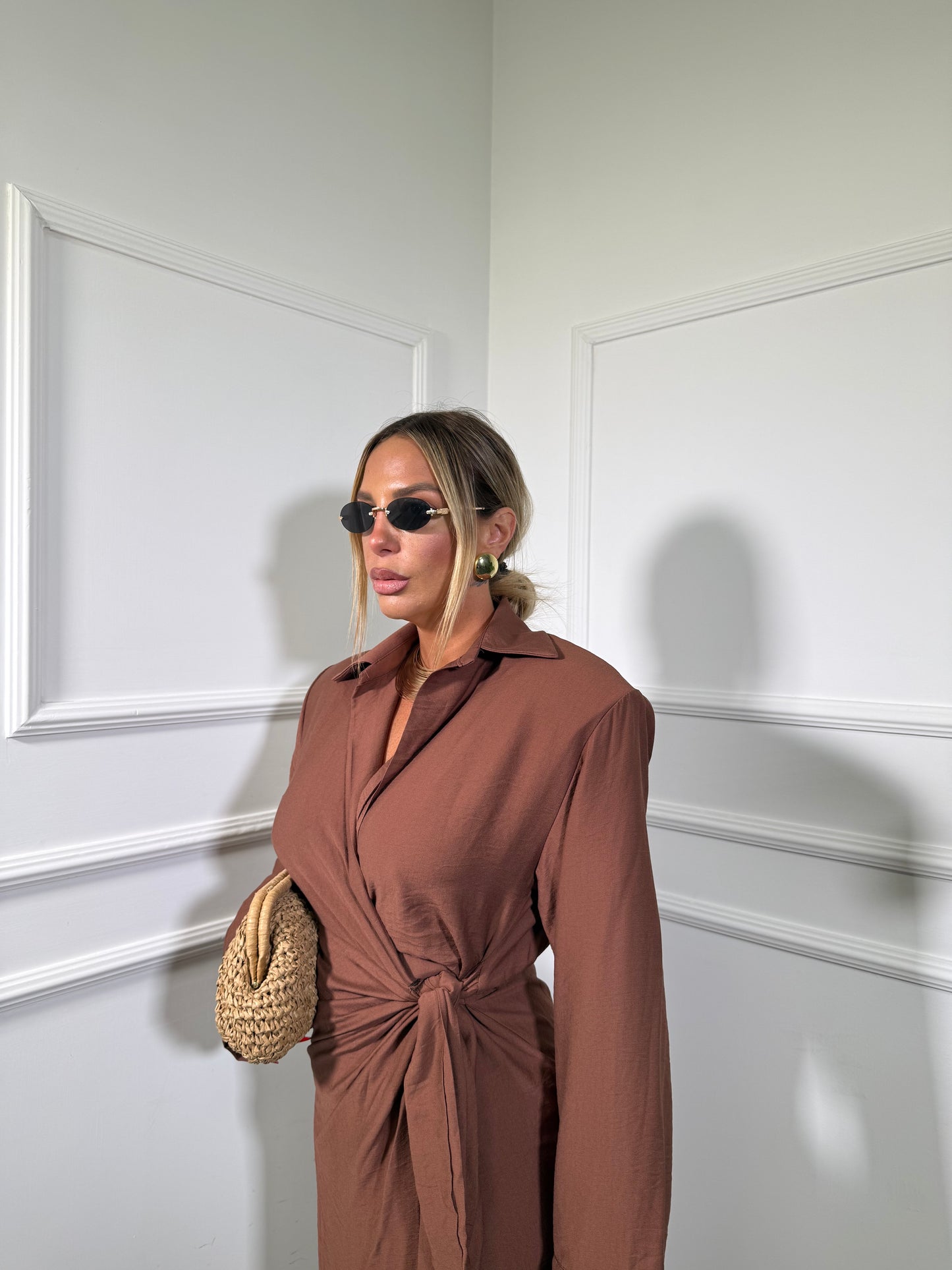 Abito midi portafoglio misto lino Toma tabacco 7095
