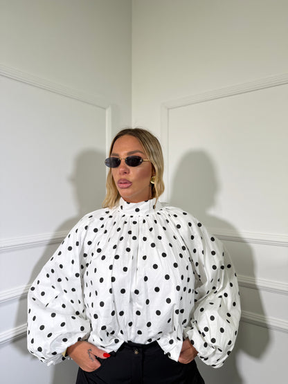 Blusa balloon scollo sul retro a pois bianca 61296