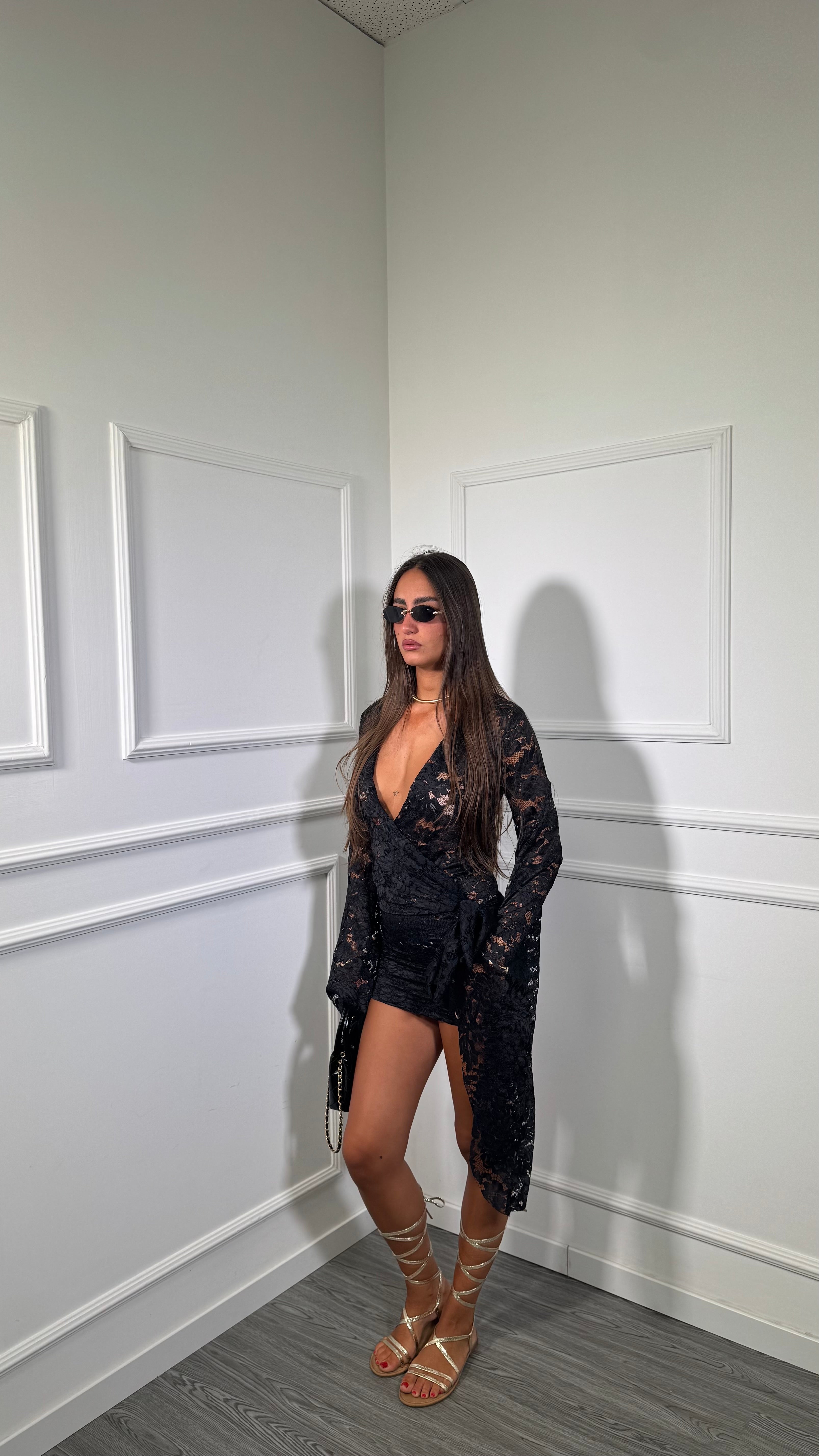 Abito corto in pizzo Margot nero 66966