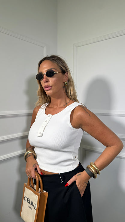 Canotta a costine con finti bottoni bianca