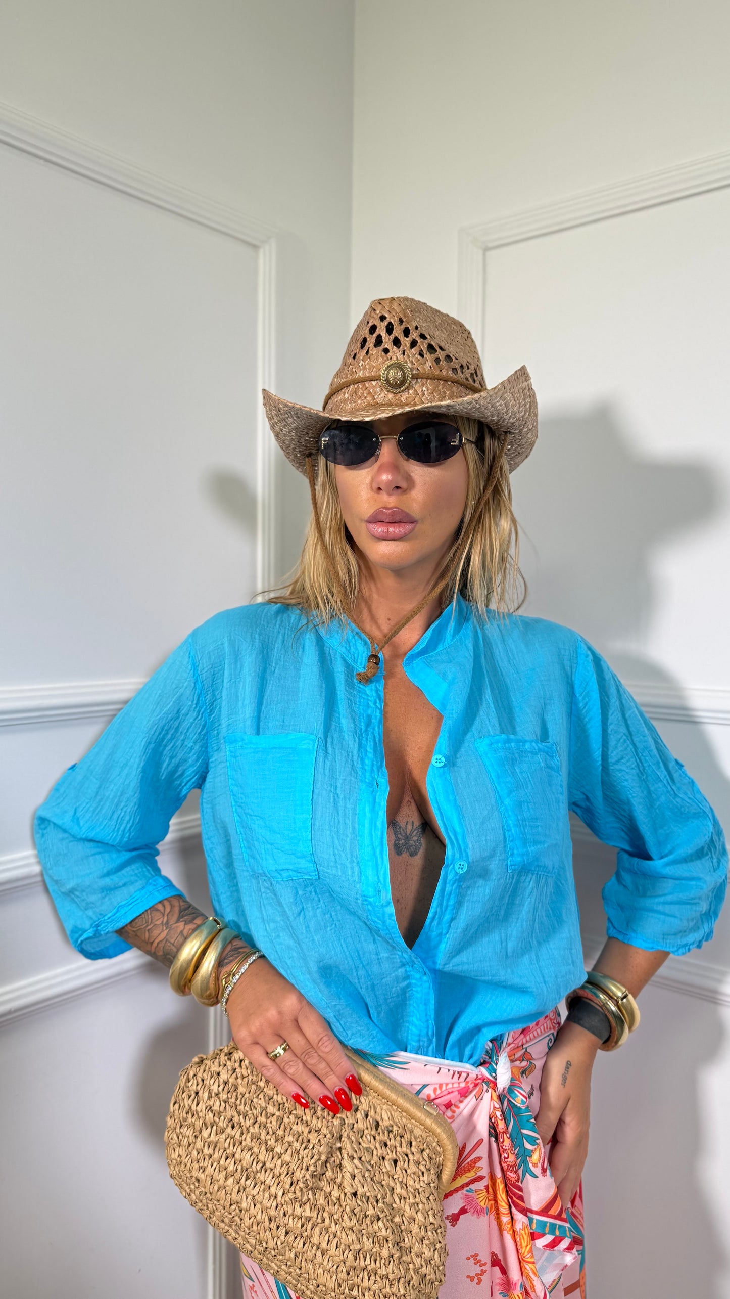 Camicia con taschini 100% cotone Bocadillo turchese 212553a
