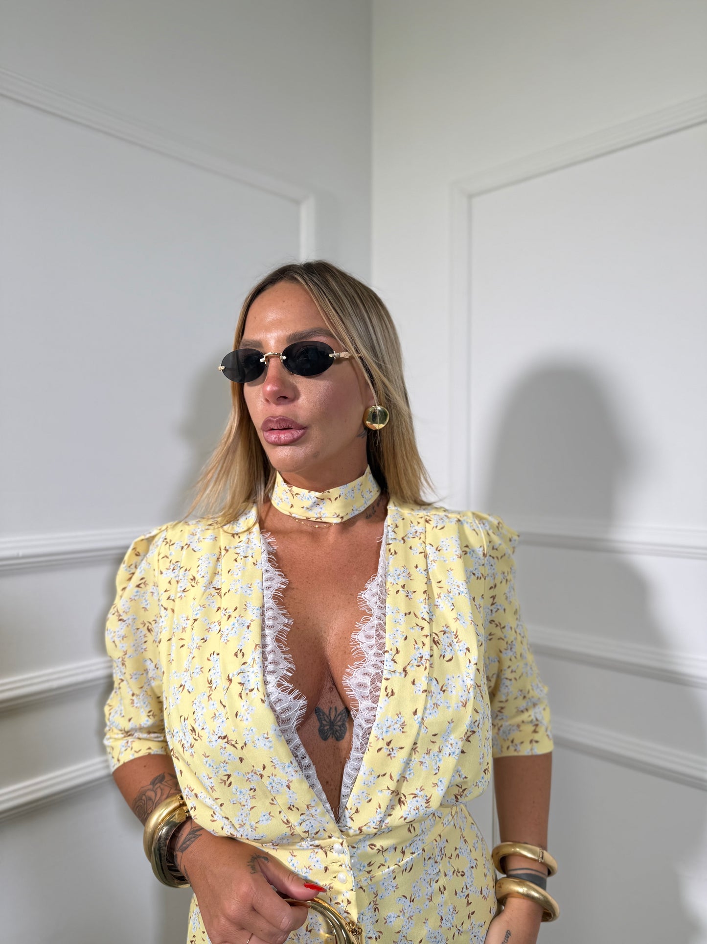 Abito midi micro fiori con chocker Fresye giallo 27894