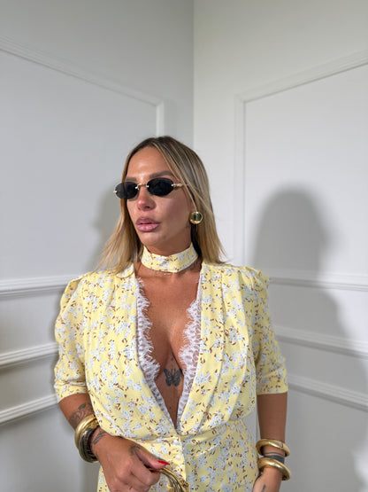 Abito midi micro fiori con chocker Fresye giallo 27894