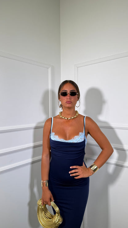 Abito lungo in lycra con bralette in pizzo blu 6073