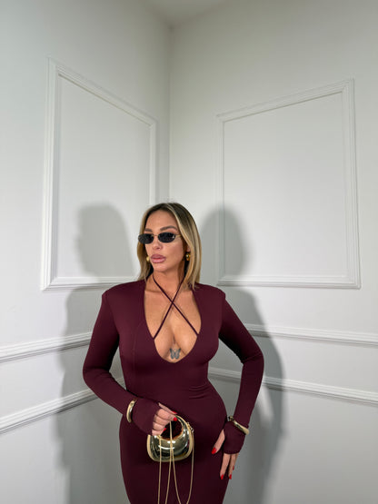 Abito midi in lycra con spalline Abraxas bordeaux 14483