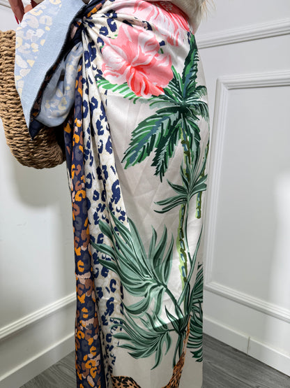 Gonna pareo in satin con palme avorio c805-65