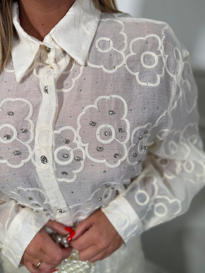 Coordinato semi velato con micro swarovski Moonlight panna g7285