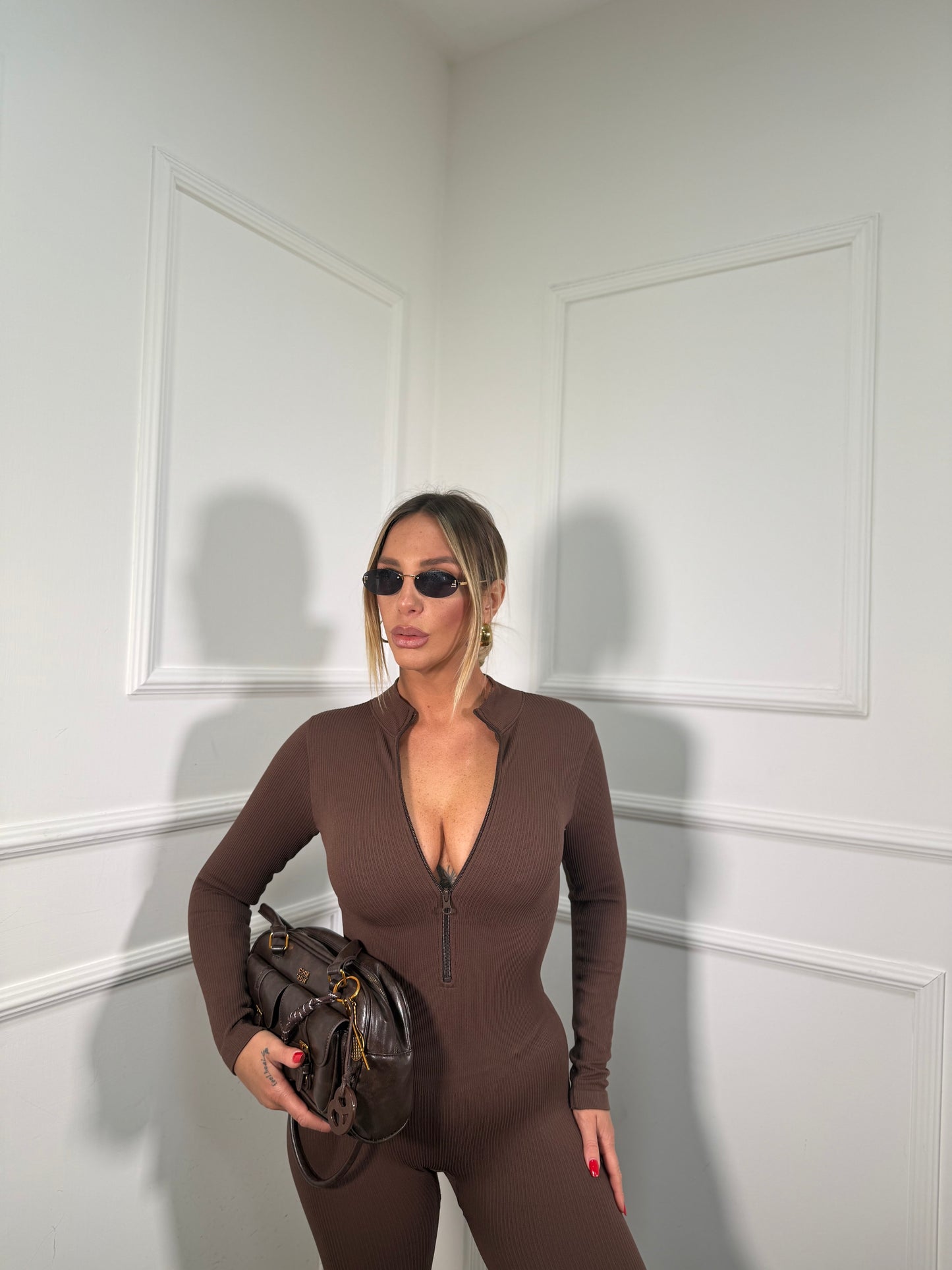 Jumpsuit con zip a costine Justin cioccolato ch2990