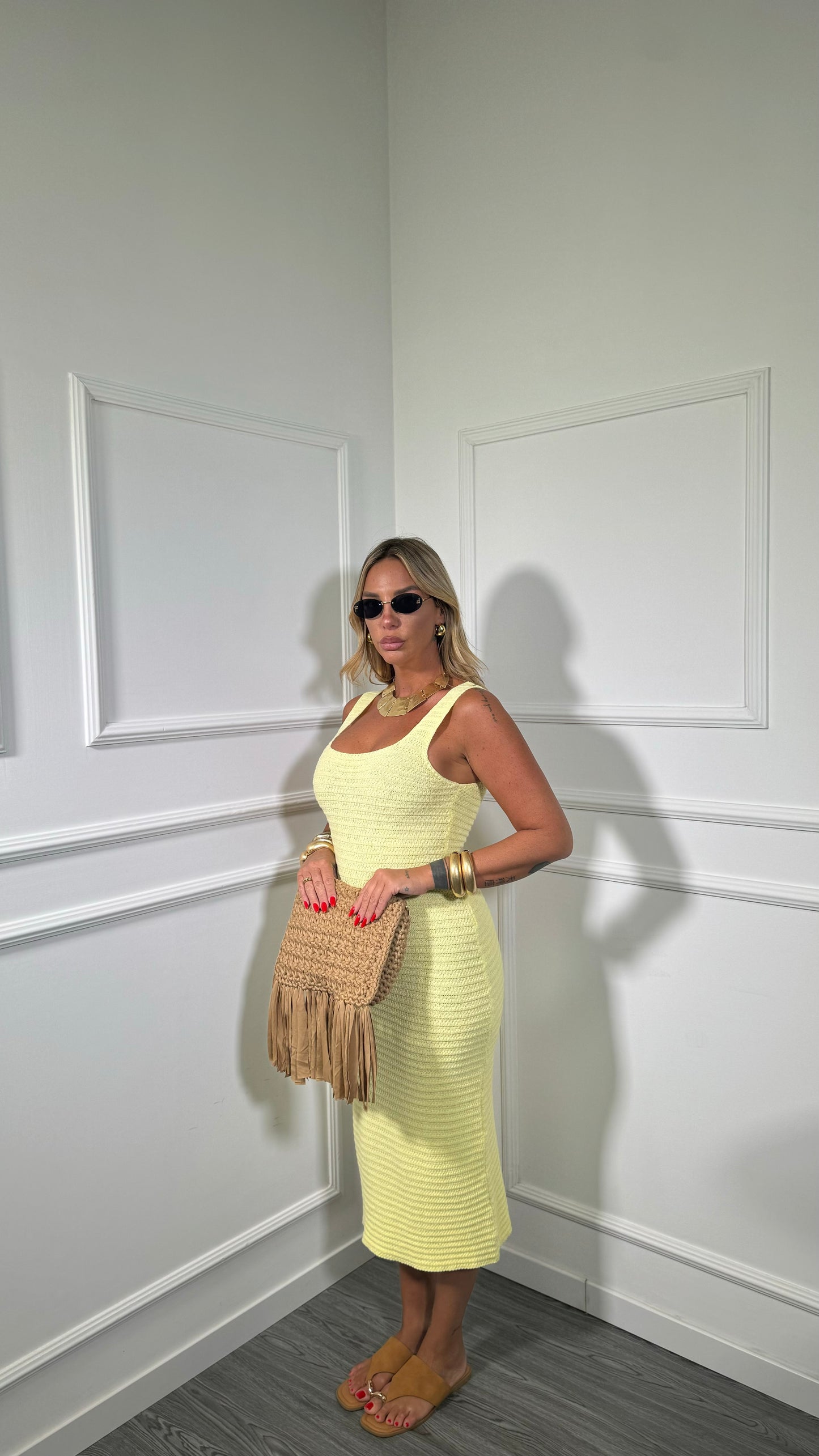 Abito midi in crochet scollo squadrato Dominique giallo