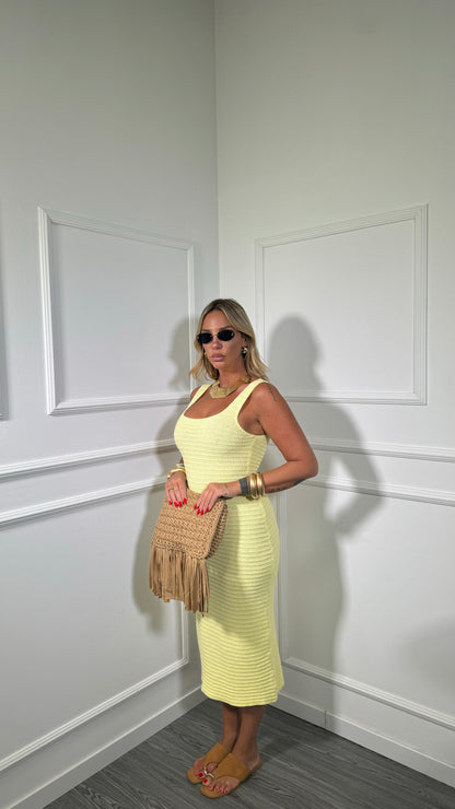 Abito midi in crochet scollo squadrato Dominique giallo