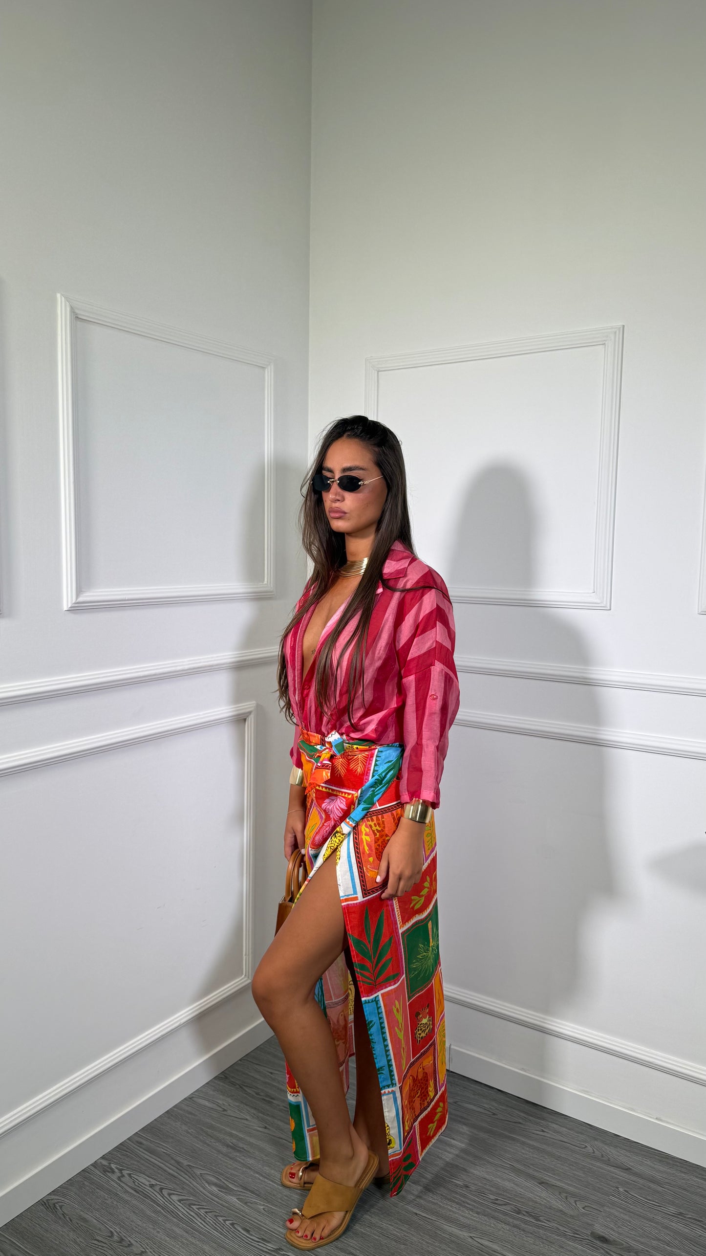 Gonna pareo lunga in cotone multicolor arancio/fucsia