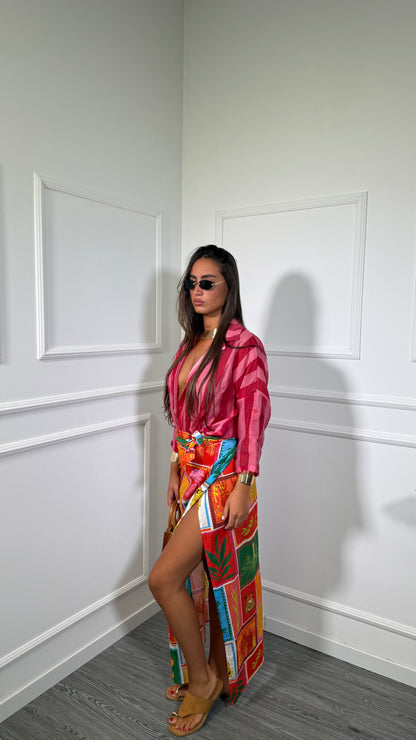Gonna pareo lunga in cotone multicolor arancio/fucsia