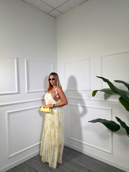 Abito plisse lungo in chiffon Cheryl giallo pastello j9465