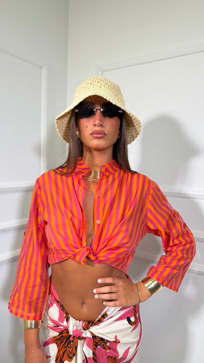 Camicia a righe semi velata collo coreana Iconic fucsia/arancio 20392