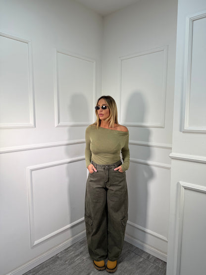 Jeans baggy con tasconi verde militare k905723