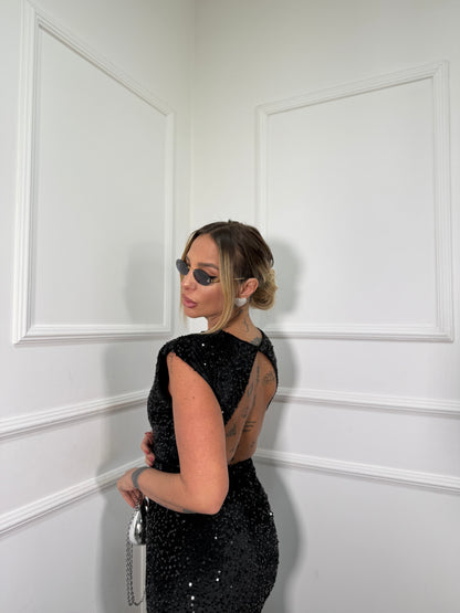 Abito midi in velluto e paillettes Party nero 26295