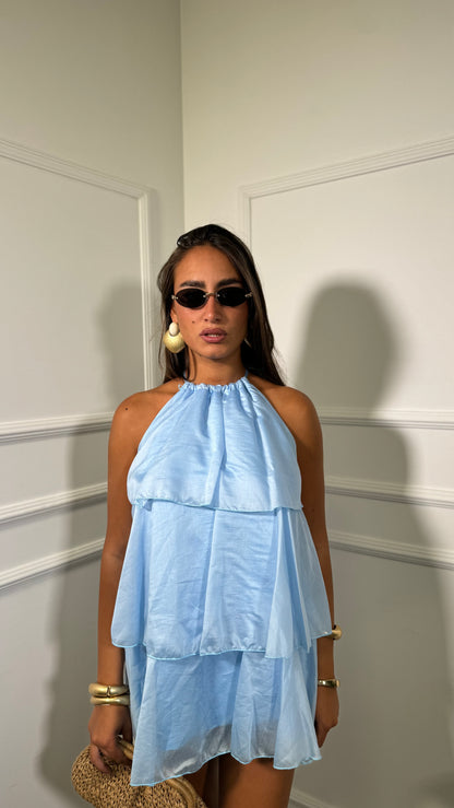 Abito corto con voilant in chiffon Holiday azzurro 66935
