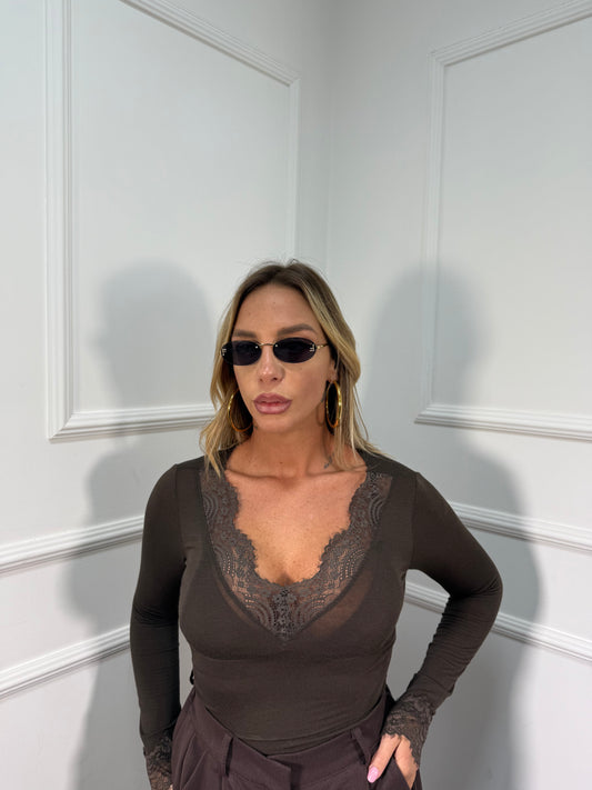 Shirt scollo a V in pizzo misto cashmere cioccolato 25512