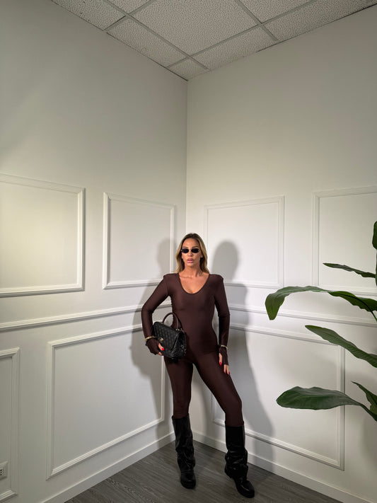 Jumpsuit in lycra con spalline Loren cioccolato 393