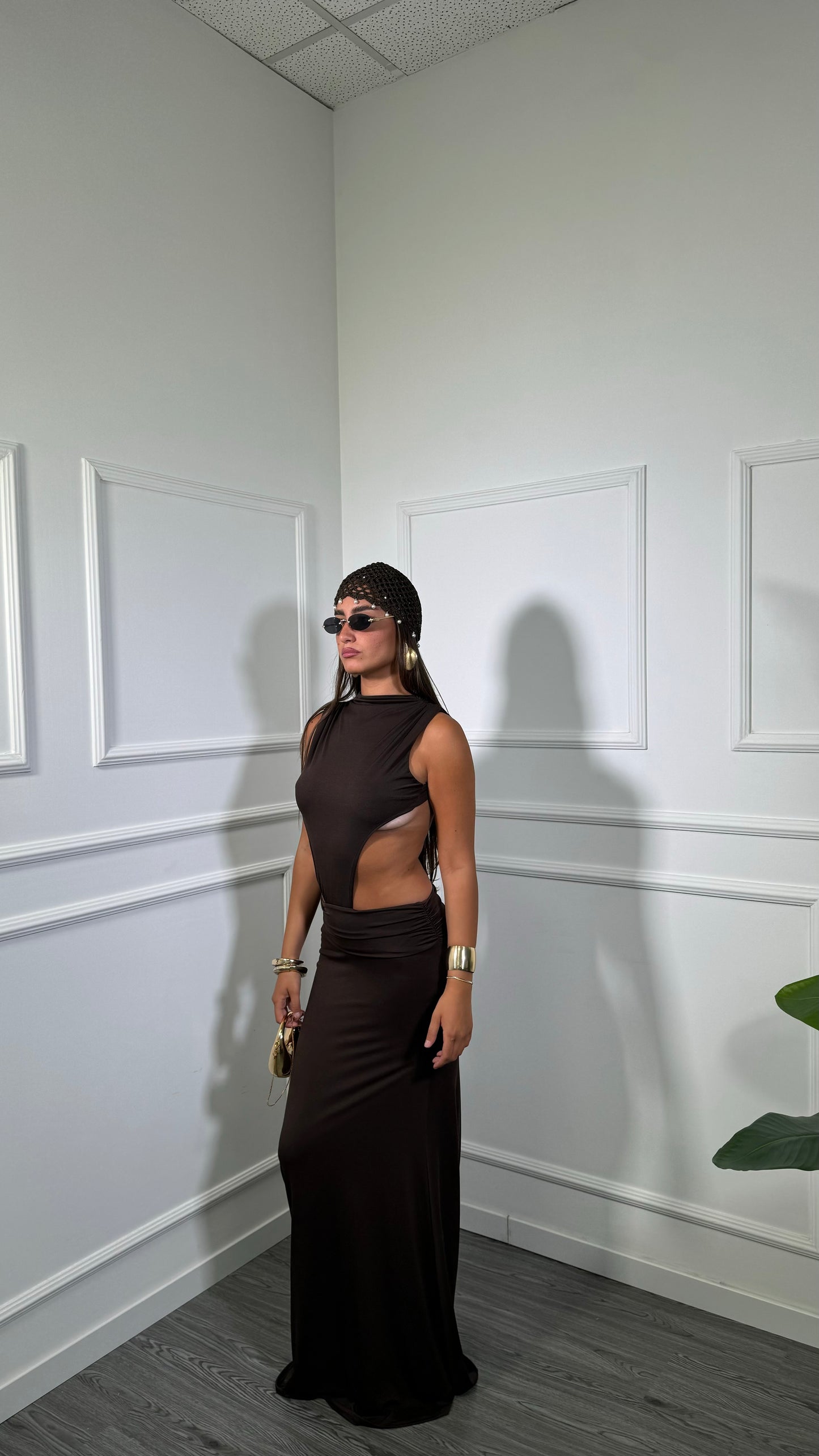 Abito lungo in lycra cut out Malesia cioccolato 2529